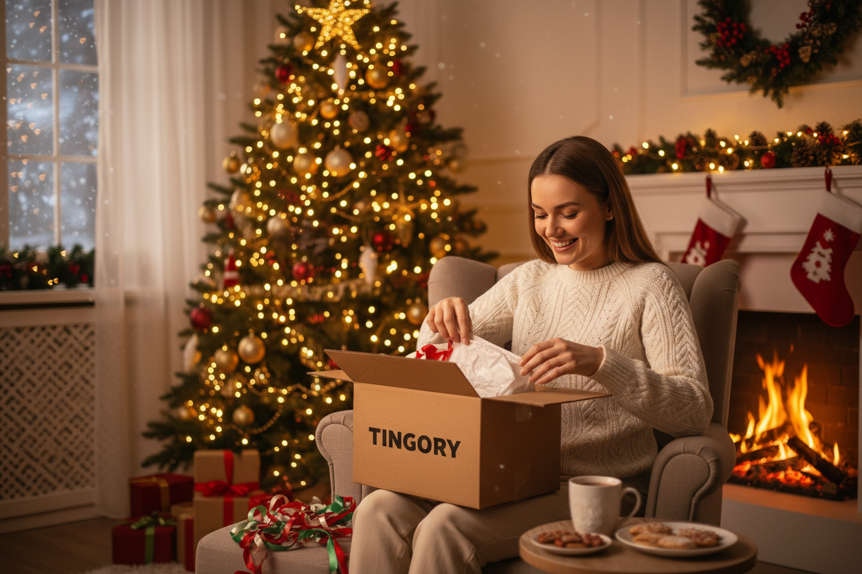 gör en julig bild med en kvinna som sitter och öppnar ett paket från en e handel. kan stå Tingory på lådan hon öppnar hon ser nöjd ut