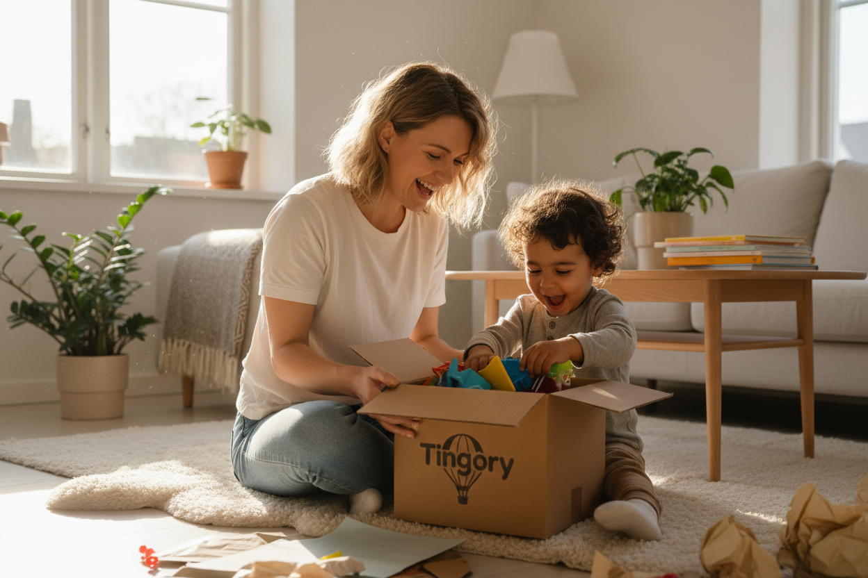 skapa en bild där en kvinna och hennes barn öppnar ett paket från tingory 